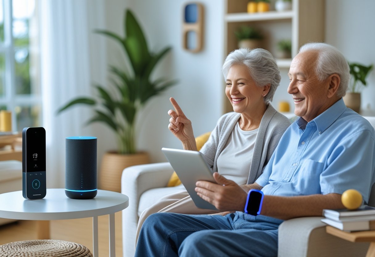 An elderly woman speaking to a smart speaker and an elderly man using a tablet in a bright living room with smart home devices visible around them.