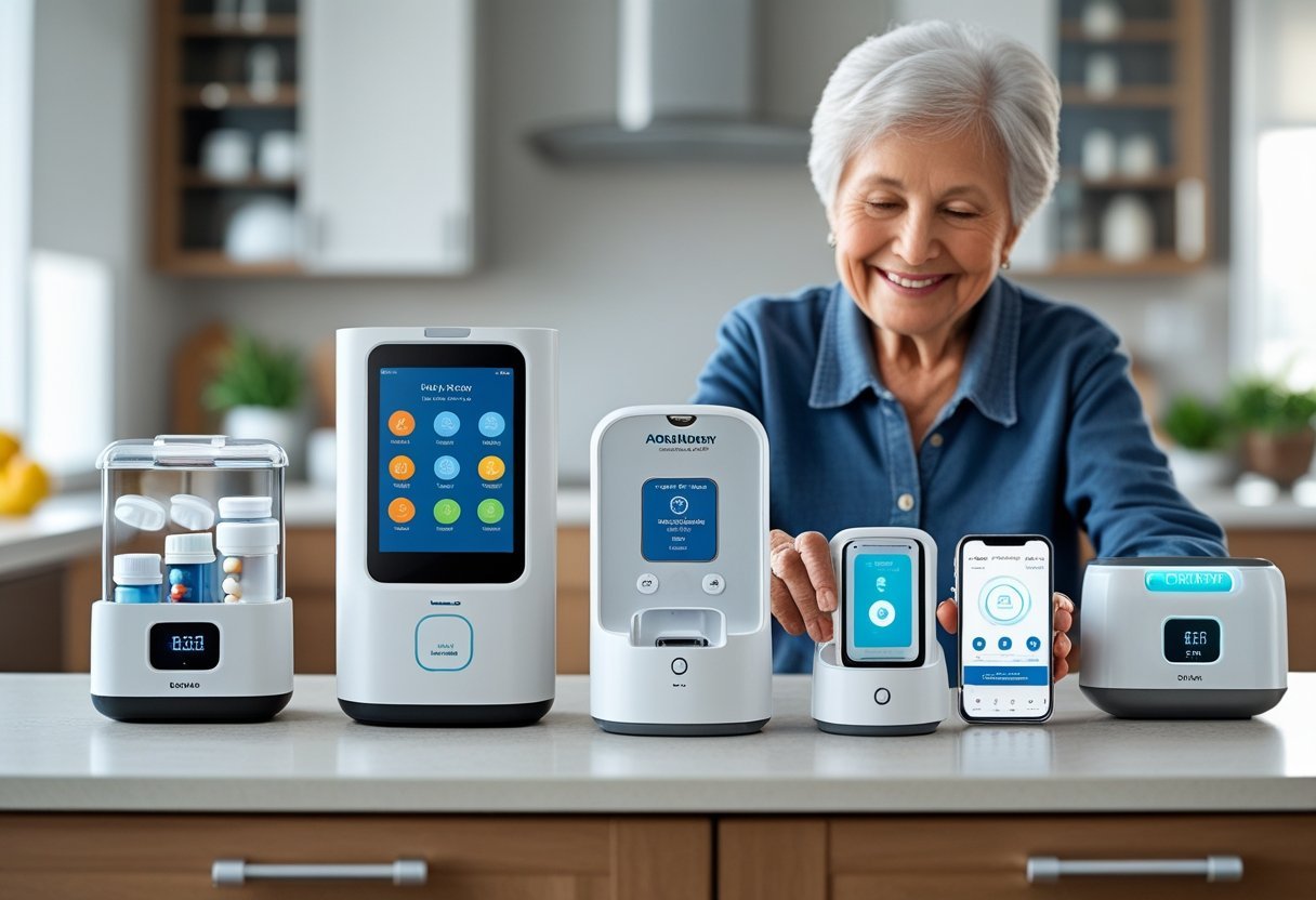An elderly person using smart pill dispensers and medication aids on a table in a bright home setting.
