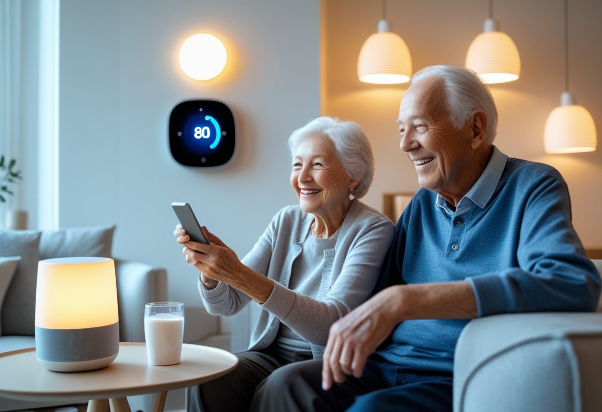 An elderly couple in a living room using smart home devices like a voice-activated speaker and smart lighting controls.
