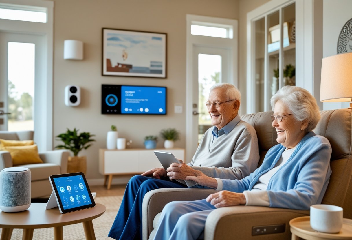 An elderly couple using smart home devices in a cozy living room with a smart speaker, thermostat, video doorbell, and tablet.