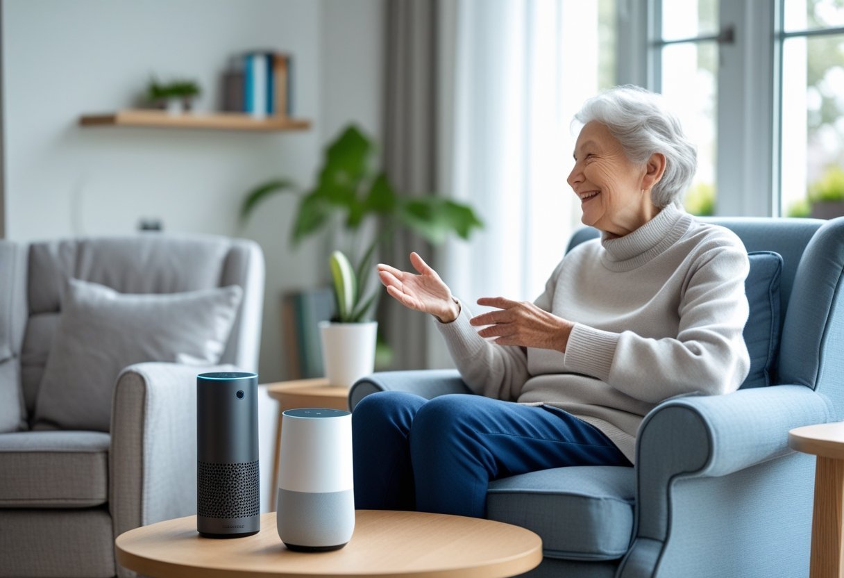 An elderly person sitting in a living room, speaking to two voice-controlled smart speakers placed on a table nearby.