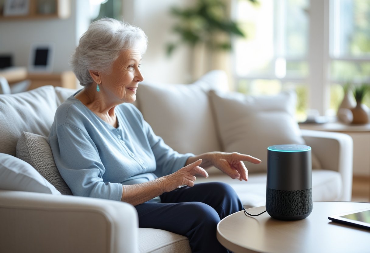 An elderly woman sitting on a sofa using a voice-controlled smart speaker in a bright living room.