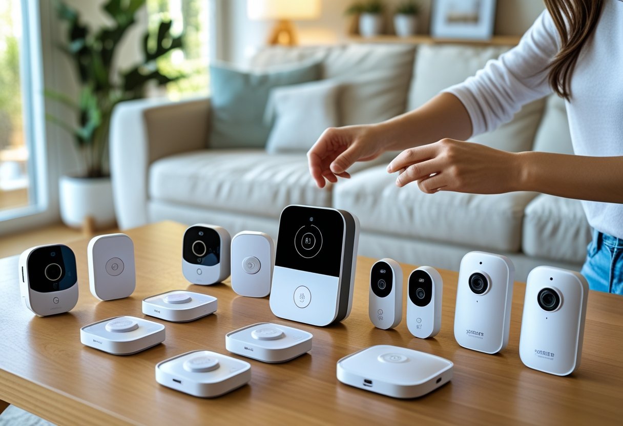 A person assembling a DIY home security system with smart alarm devices on a table in a bright living room.