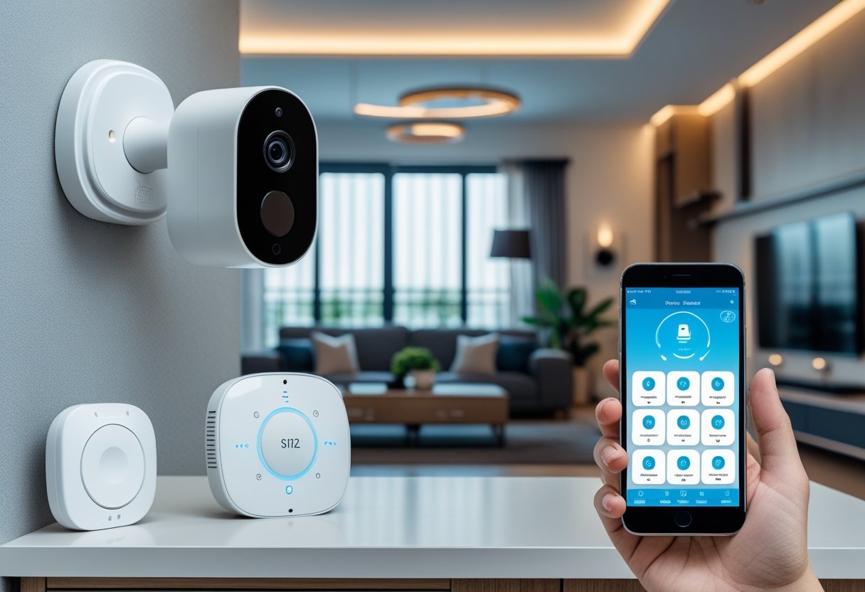 Modern home interior with smart security devices including a wireless camera, alarm panel, and smartphone showing a security app.