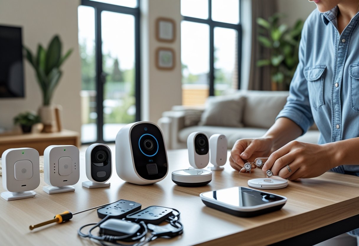 Hands assembling a DIY home security system kit on a table in a modern living room.