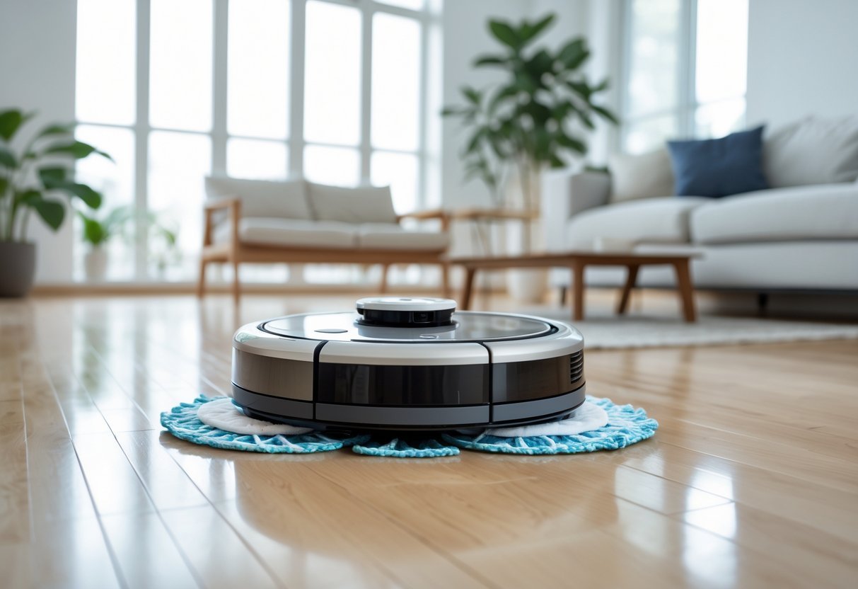 A modern robot vacuum and mop combo cleaning a hardwood floor in a bright living room with furniture and plants.