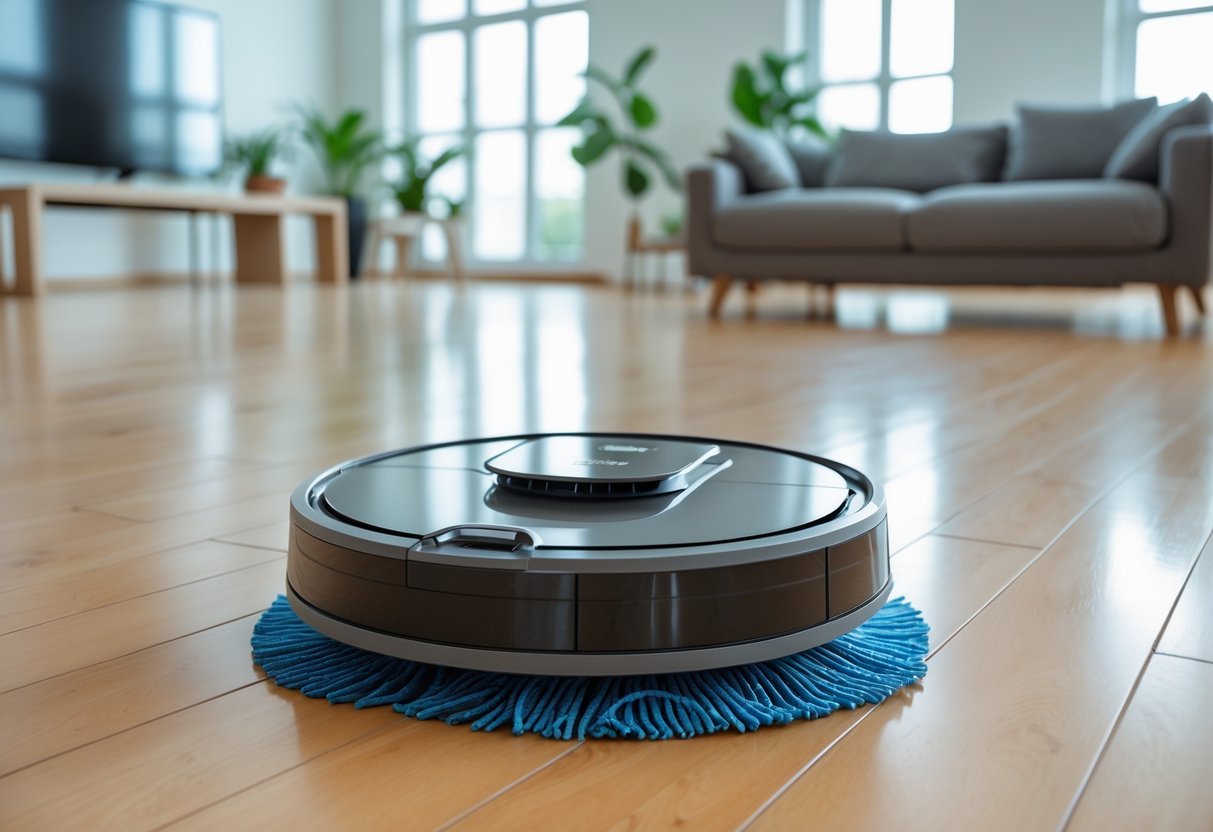 A modern 2-in-1 robot vacuum and mop combo cleaning a shiny hardwood floor in a bright living room with minimal furniture and plants.
