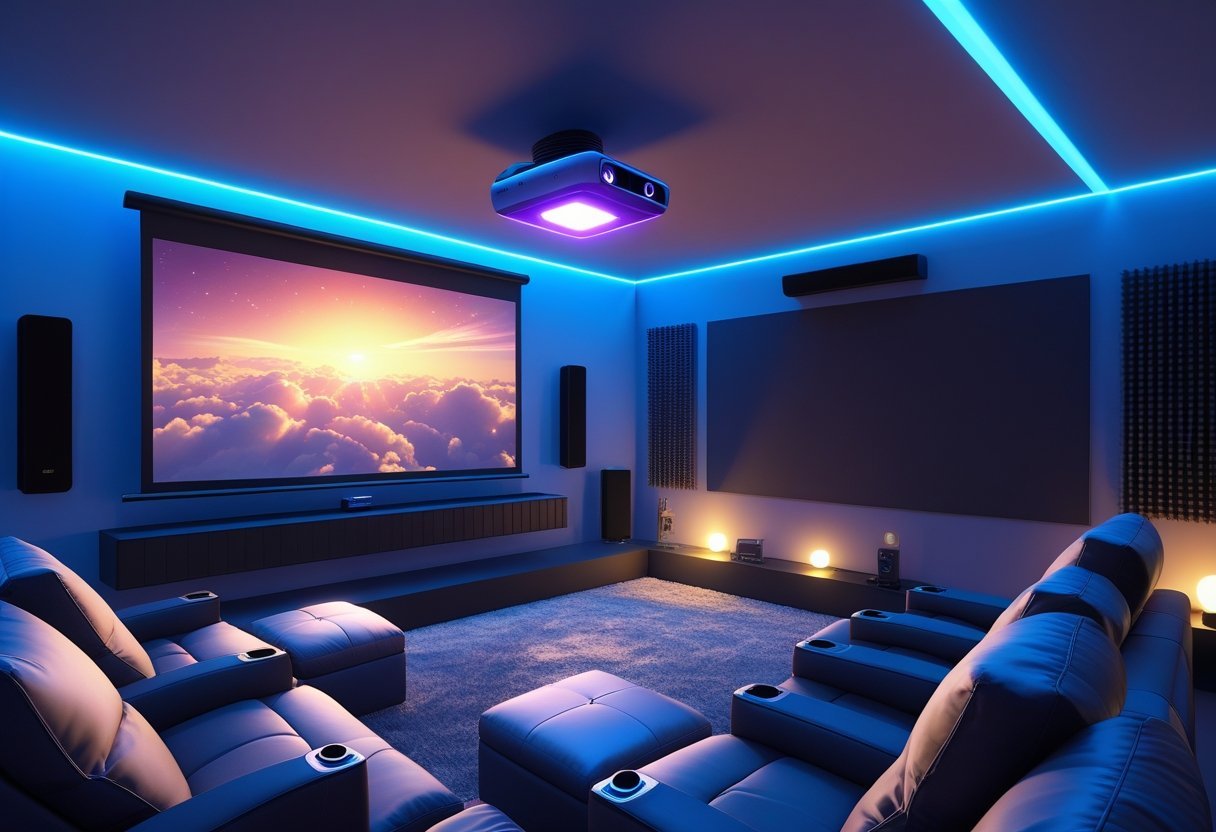 A modern living room set up as a smart home theater with a ceiling-mounted projector displaying a movie on a large screen, surrounded by recliner seats and smart home devices.