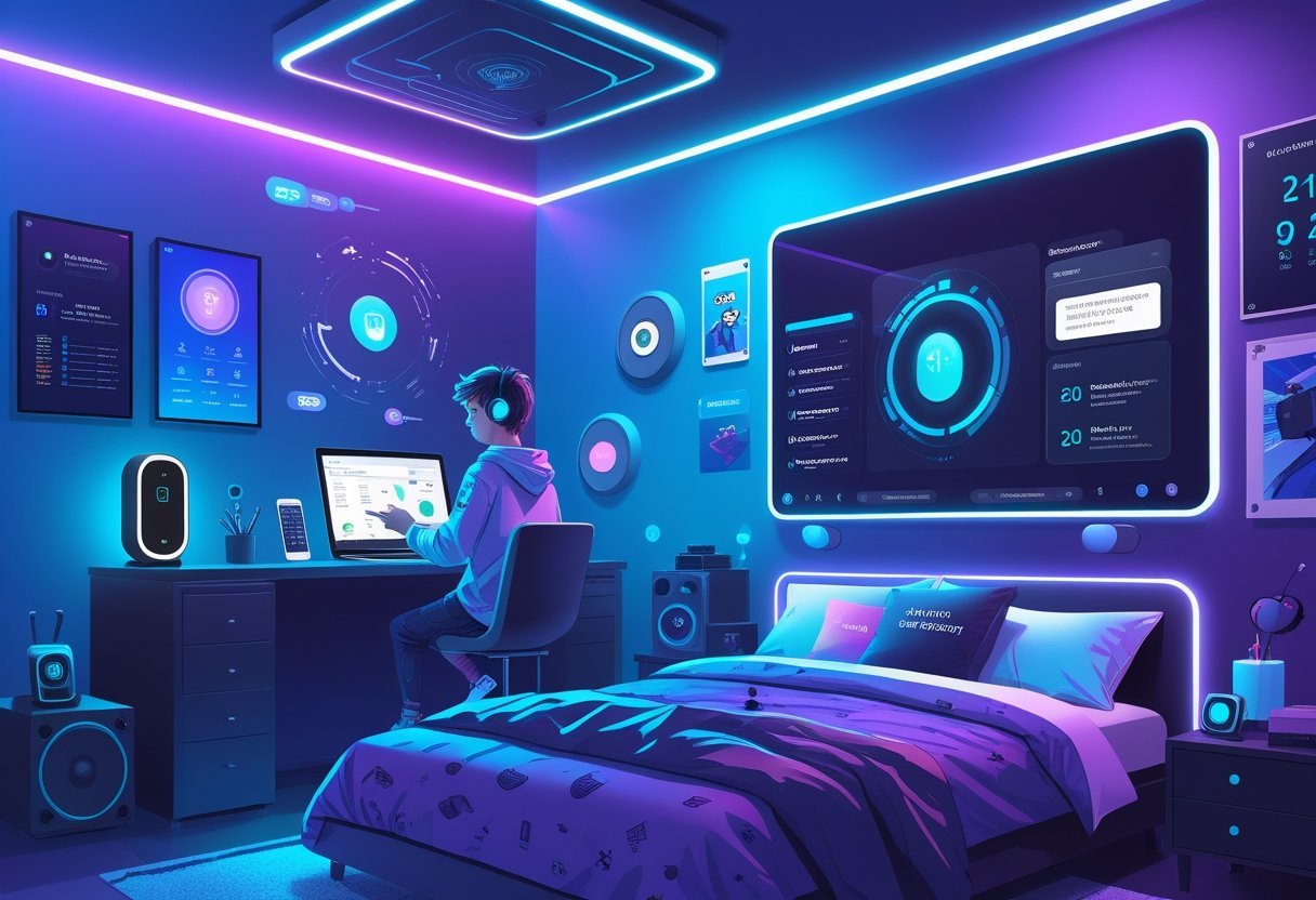 A teenager's bedroom filled with smart home devices like smart lights, a smart speaker, a digital calendar, and a smart mirror, with a teen using a smartphone to control them.
