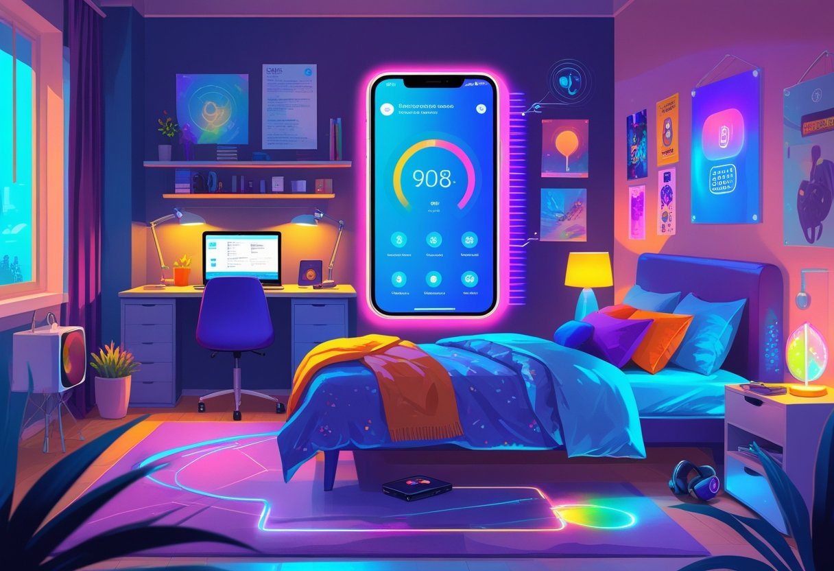 A teenager's bedroom filled with smart devices including a smart speaker, LED lamp, smart thermostat, smart display, laptop, and wireless headphones.