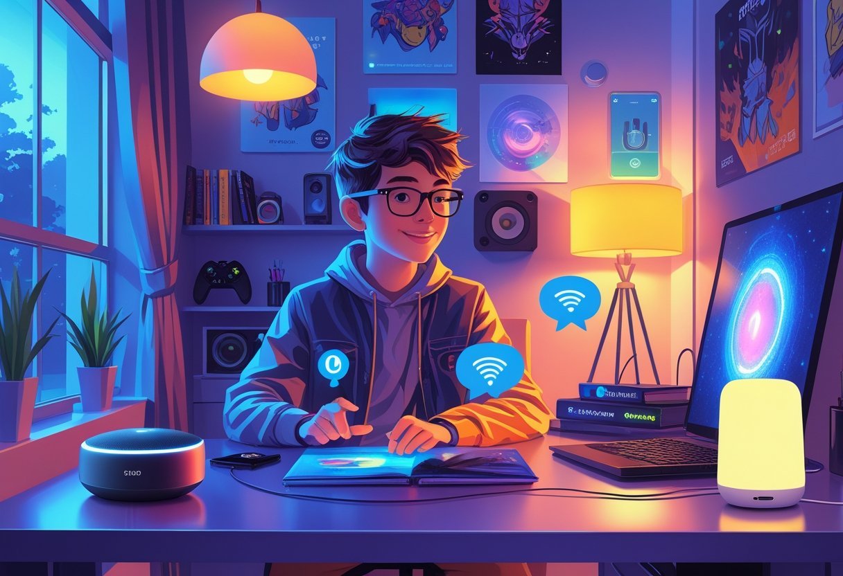 A teenager's bedroom with smart speakers and voice assistants integrated into the room, showing the teen interacting with the devices.