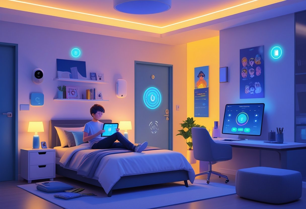 A teenager's bedroom with smart security devices, ambient lighting, and connected tech gadgets, showing a teen using a tablet to control the room.