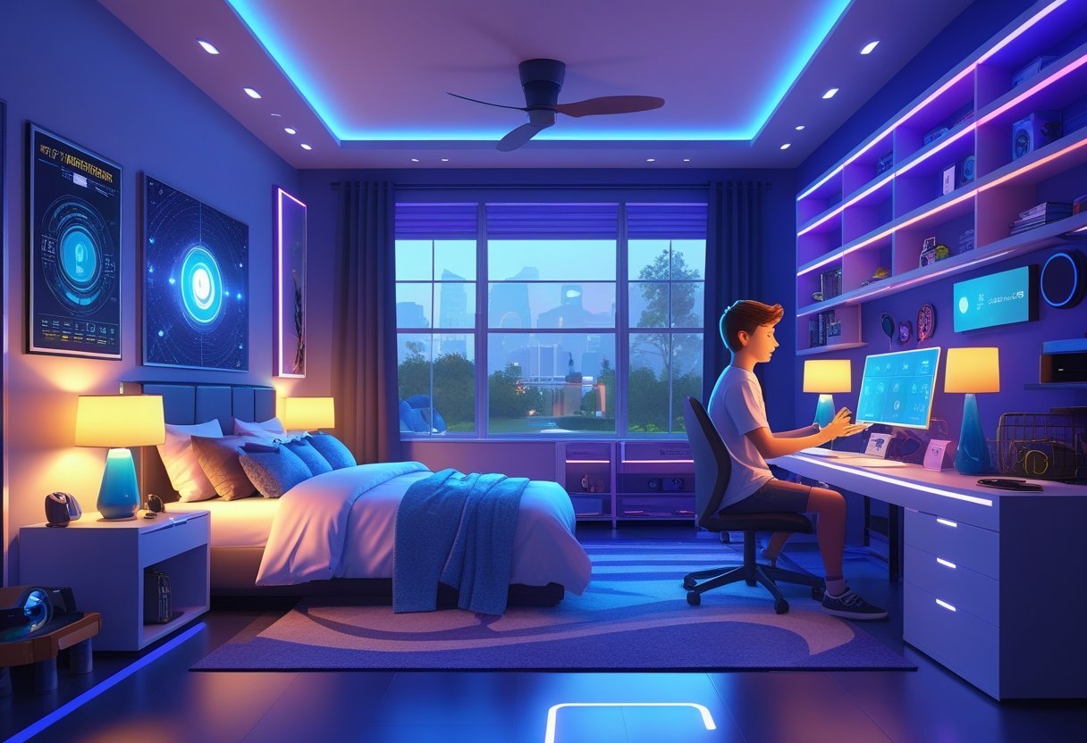 A teenager's bedroom with smart home devices including a smart speaker, wall tablet, LED lights, and multiple screens, showing a teen interacting with technology.