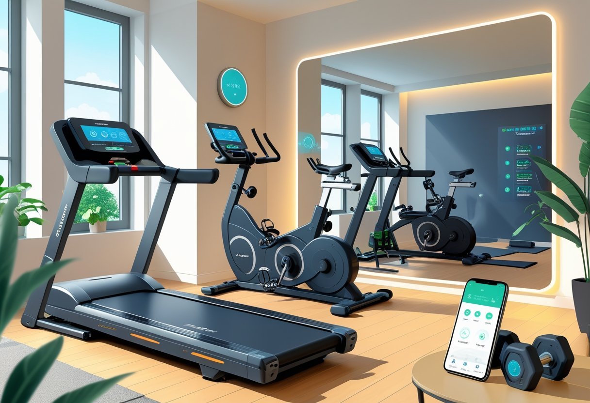 A home gym with modern fitness equipment connected to smart devices, showing workout technology integrated into the space.