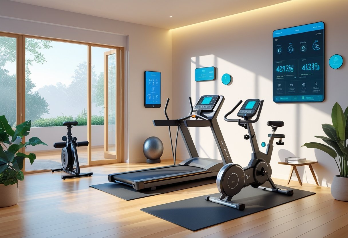 A modern home gym with advanced fitness equipment and smart technology integrated into a bright, organized room.