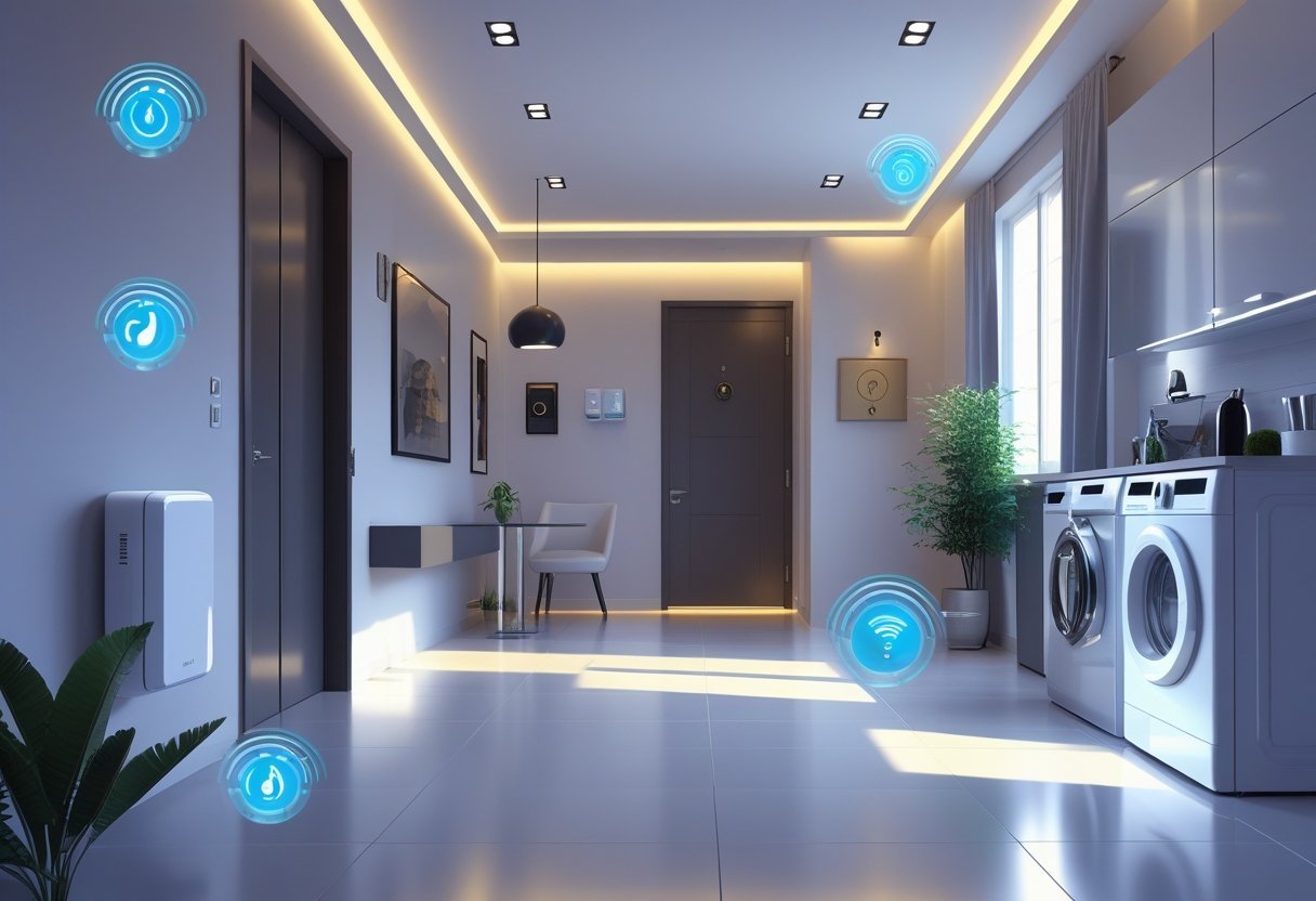 Interior of a modern home showing various smart sensors like smoke detector, motion sensor, door sensor, thermostat, and water leak sensor installed for safety and convenience.