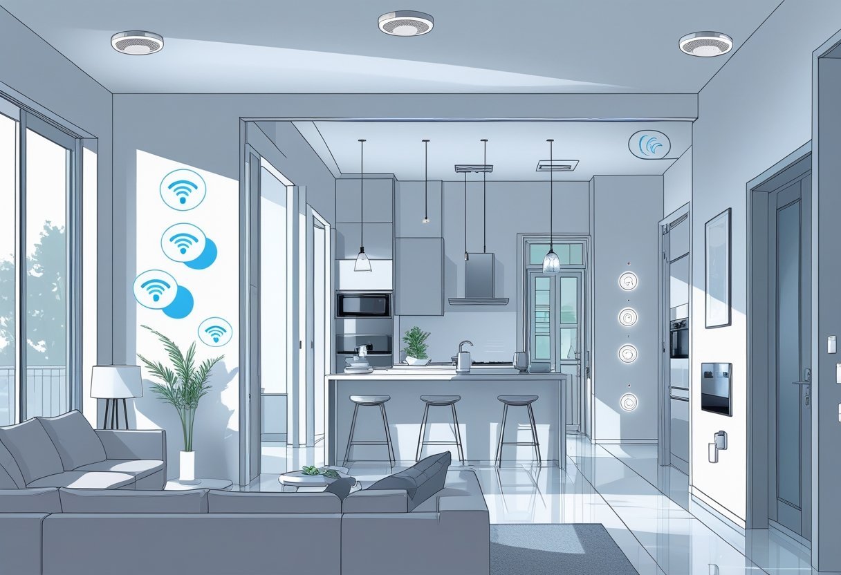 Interior view of a modern home showing various smart sensors installed in different rooms to protect the house.
