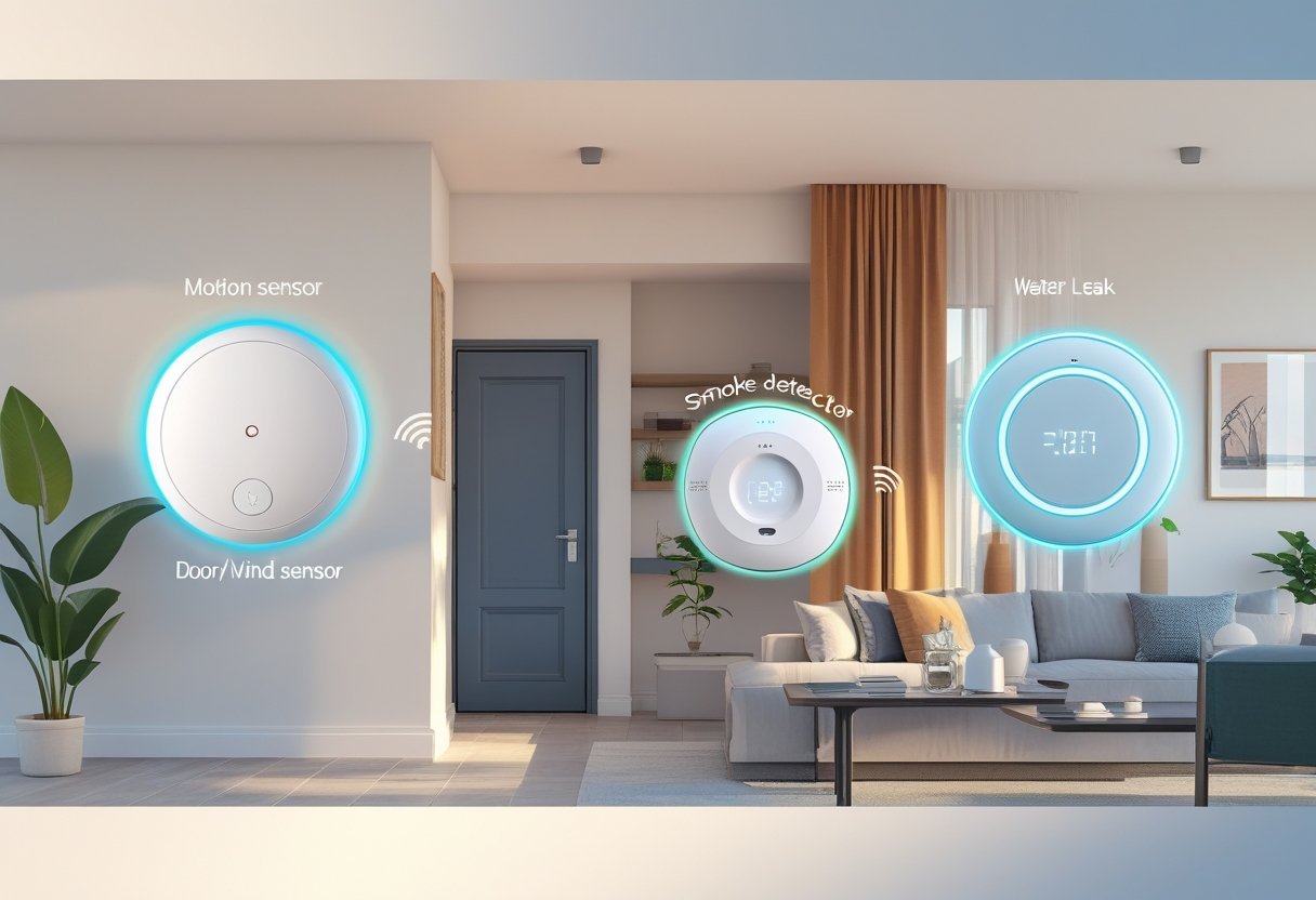 Interior of a modern home showing various smart sensors installed, including motion, door/window, smoke, thermostat, and water leak sensors.