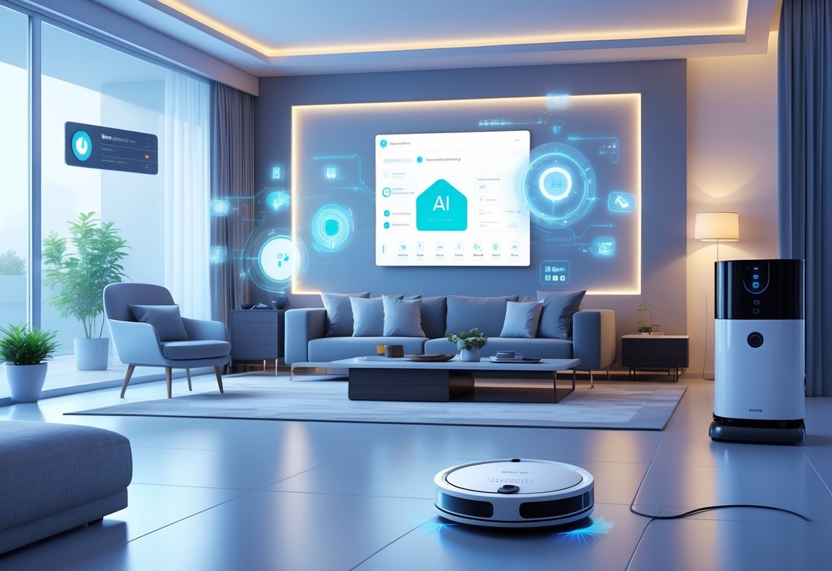 A modern living room with various AI-powered smart home devices, including smart speakers, automated lighting, a touchscreen control panel, and a robotic vacuum cleaner operating.