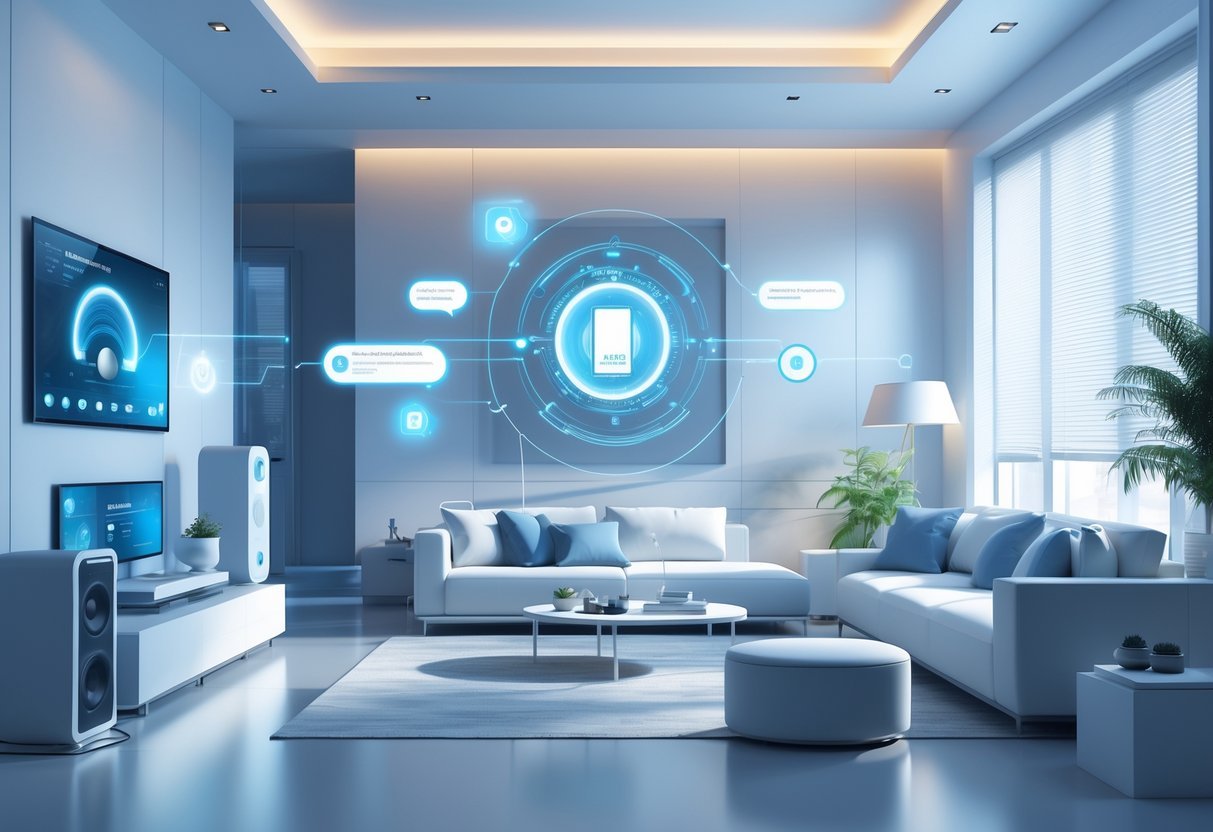 A modern living room with various smart home devices connected through a glowing holographic AI interface.