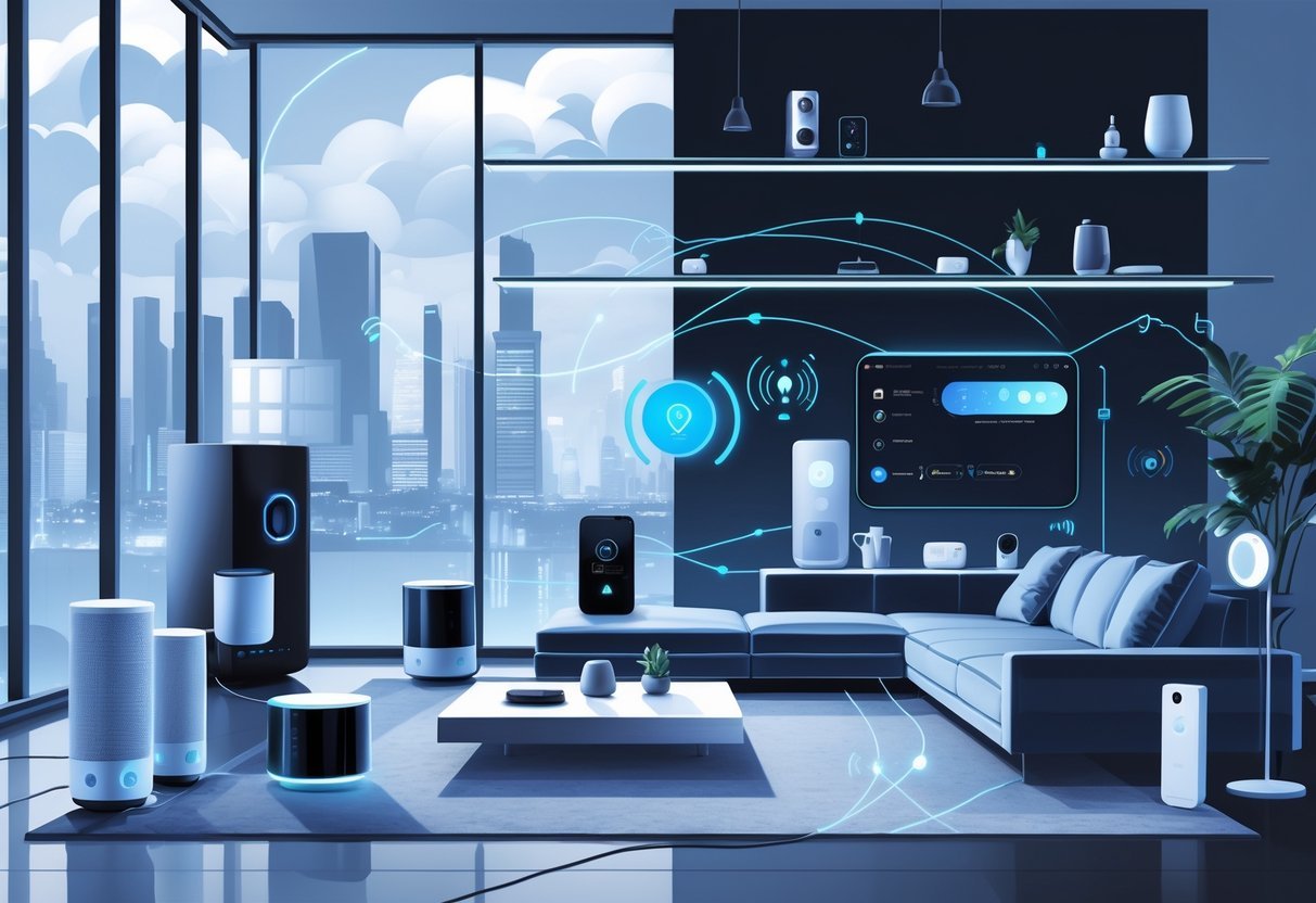 A modern living room with various smart home devices connected and operating together, showing advanced home automation technology.