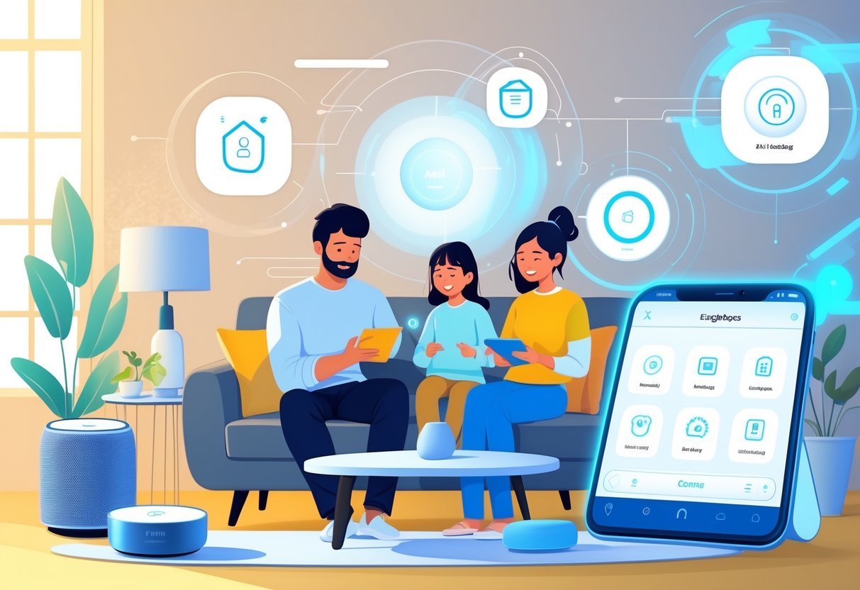 A family in a modern living room using various smart home devices like a smart speaker, thermostat, and touchscreen control panel.
