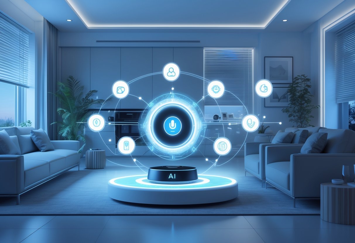 A modern living room with AI-powered smart home devices connected by glowing digital lines, showing automation and technology integration.
