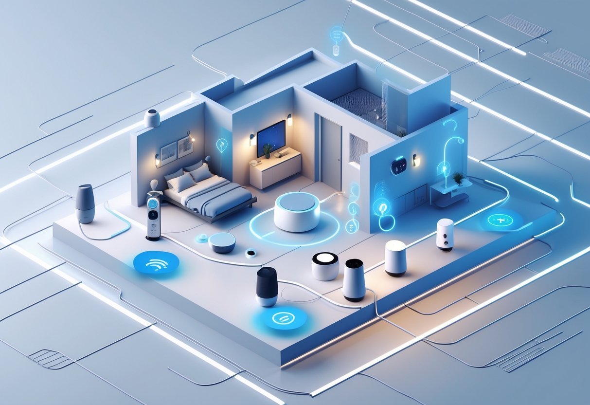 A modern smart home interior with various connected smart devices linked by glowing lines representing wireless communication and network connectivity.