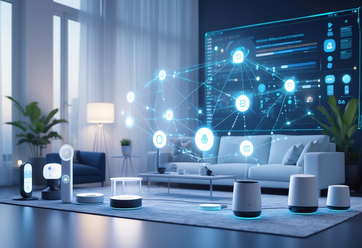 A modern living room with various smart home devices connected by glowing network lines, illustrating reliable and seamless smart home communication.