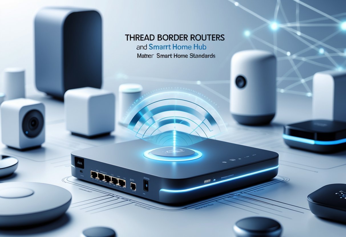A modern smart home setup showing a central router and smart home hub wirelessly connecting various smart devices like lights, cameras, and thermostats.