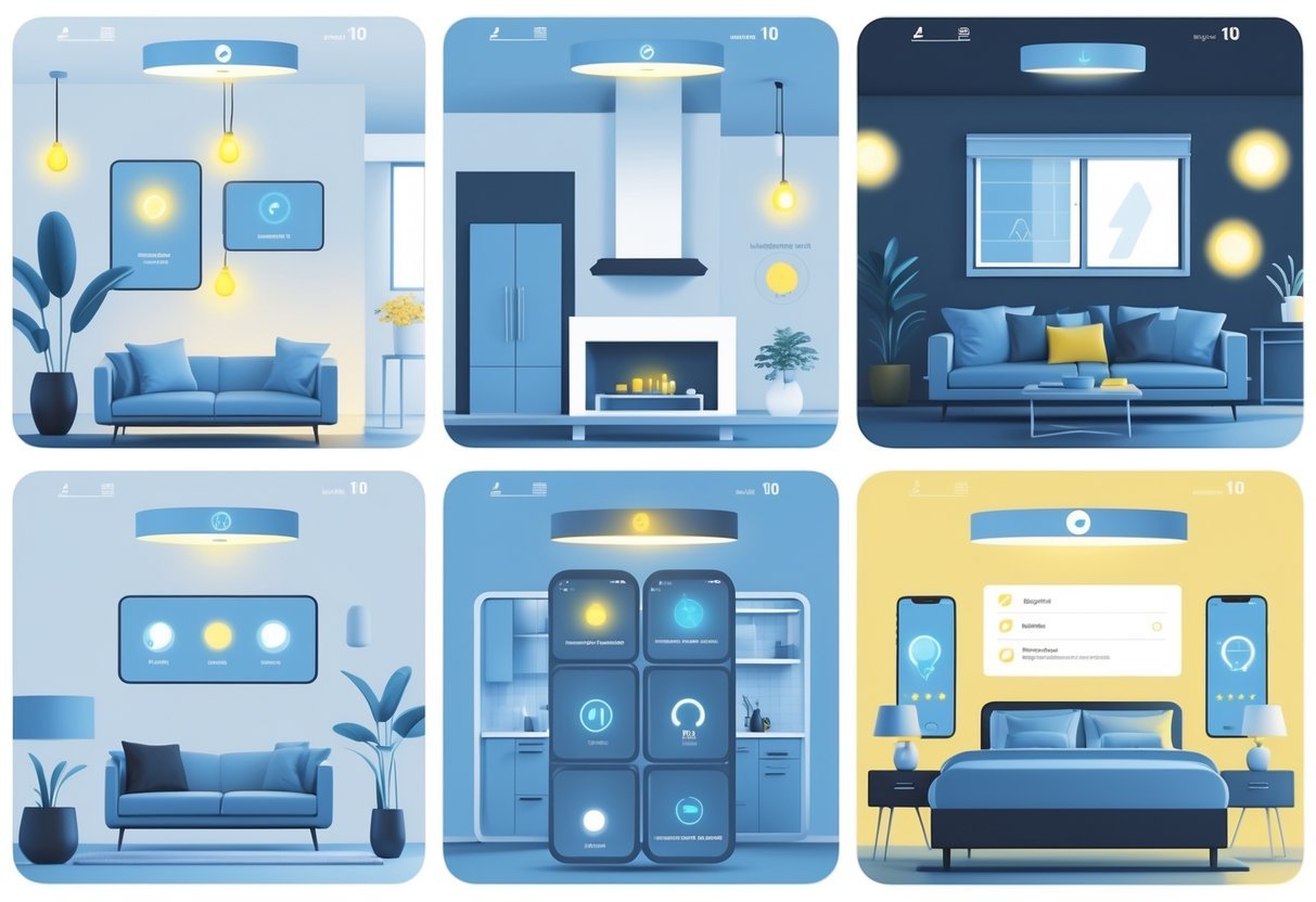 A modern home interior showing different rooms with smart lights automatically controlled by mobile devices and switches, illustrating smart lighting without a central hub.