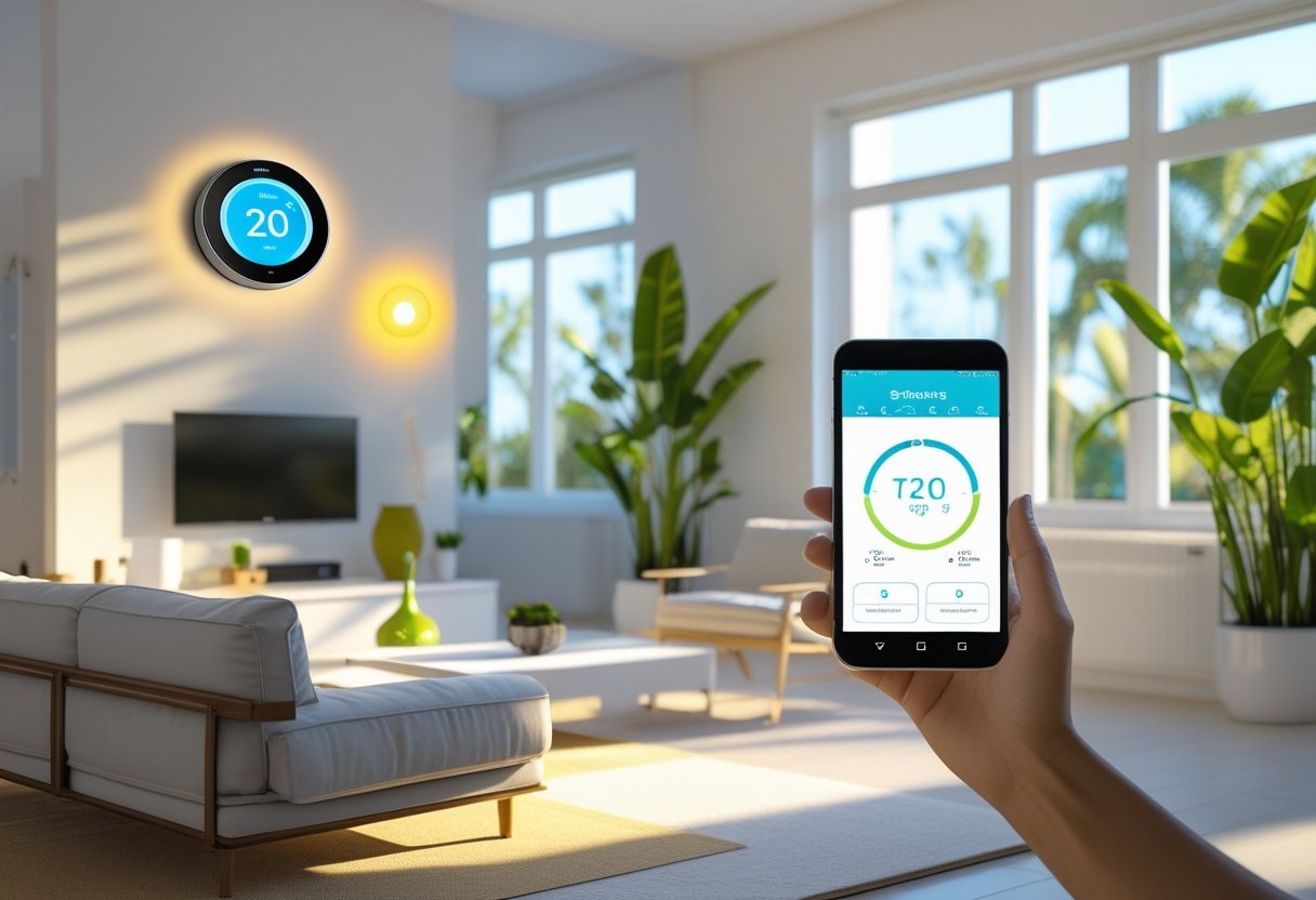A modern living room with a smart thermostat, smart lights, and a person holding a tablet showing energy-saving controls.