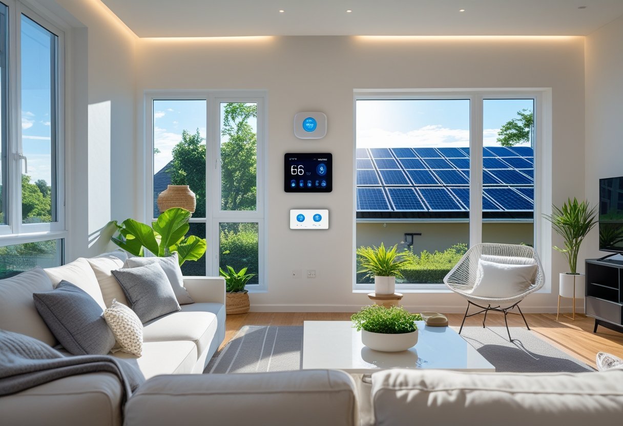 A modern living room with large windows, smart thermostat, and a tablet showing a smart home app, with solar panels visible outside.