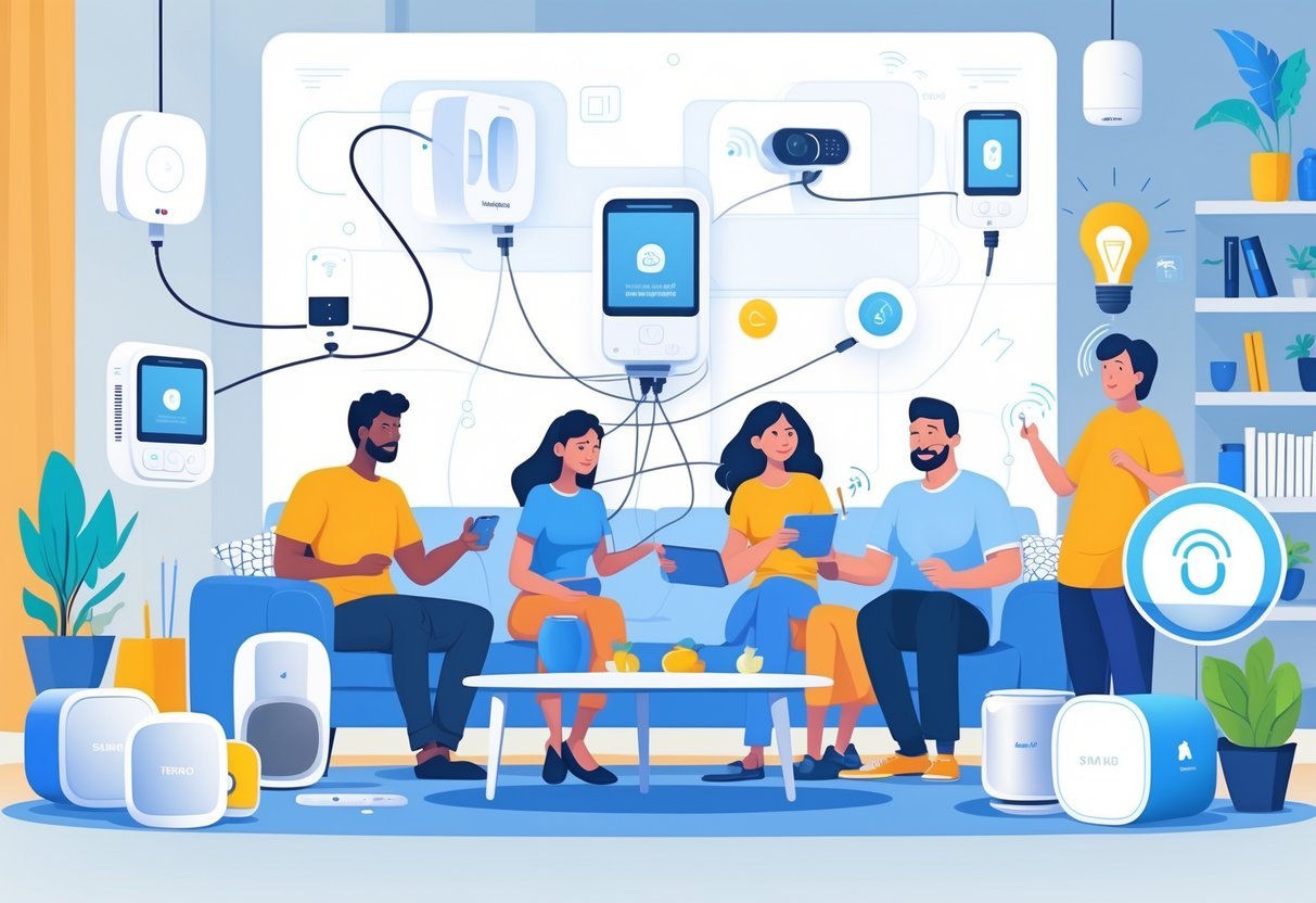 A family in a modern living room using smart home devices, showing common mistakes like tangled wires and connectivity problems.