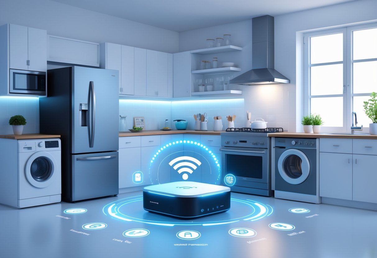 A modern kitchen showing traditional appliances connected to a central AI device that controls them through digital signals.