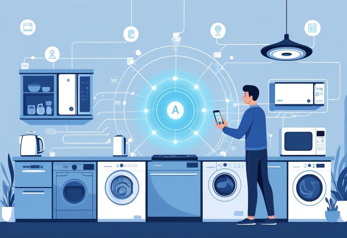 A person using a tablet to connect traditional home appliances like a washing machine and microwave to a central AI device, illustrating the automation of non-smart home appliances.