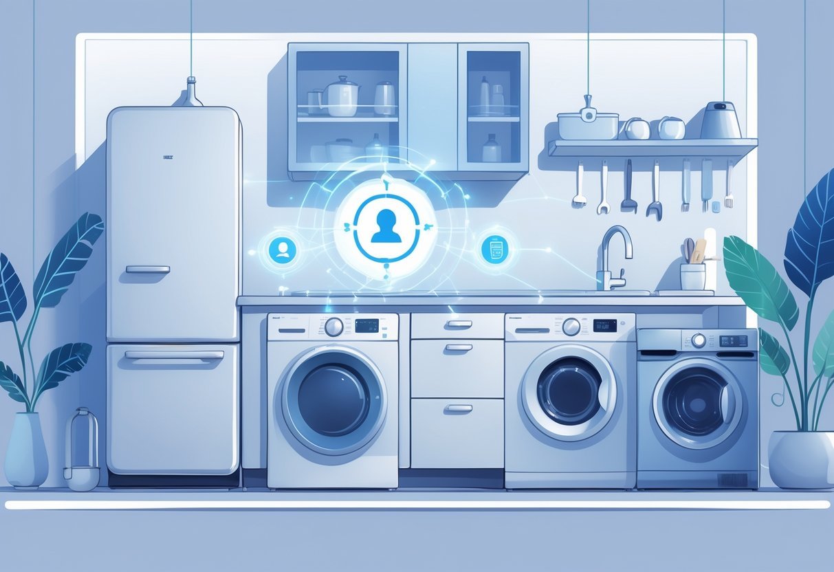 A modern kitchen showing traditional appliances connected to an AI device with glowing digital lines, symbolizing automation and security.