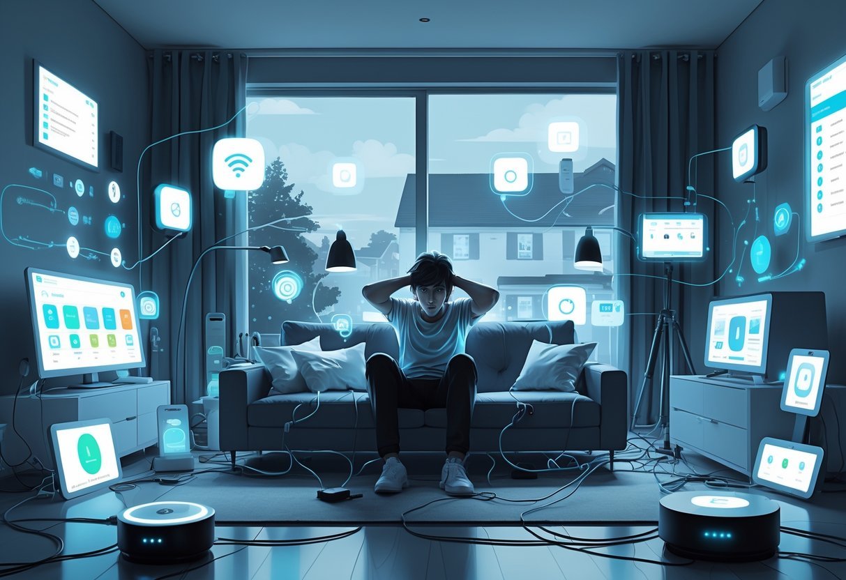 A person sitting on a couch looking stressed, surrounded by many active smart home devices in a cluttered living room.