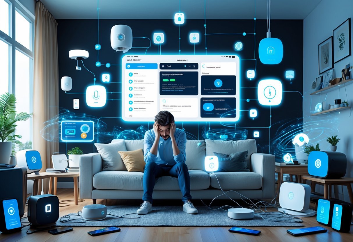 A person sitting on a couch looking stressed in a living room crowded with many smart home devices and digital controls.
