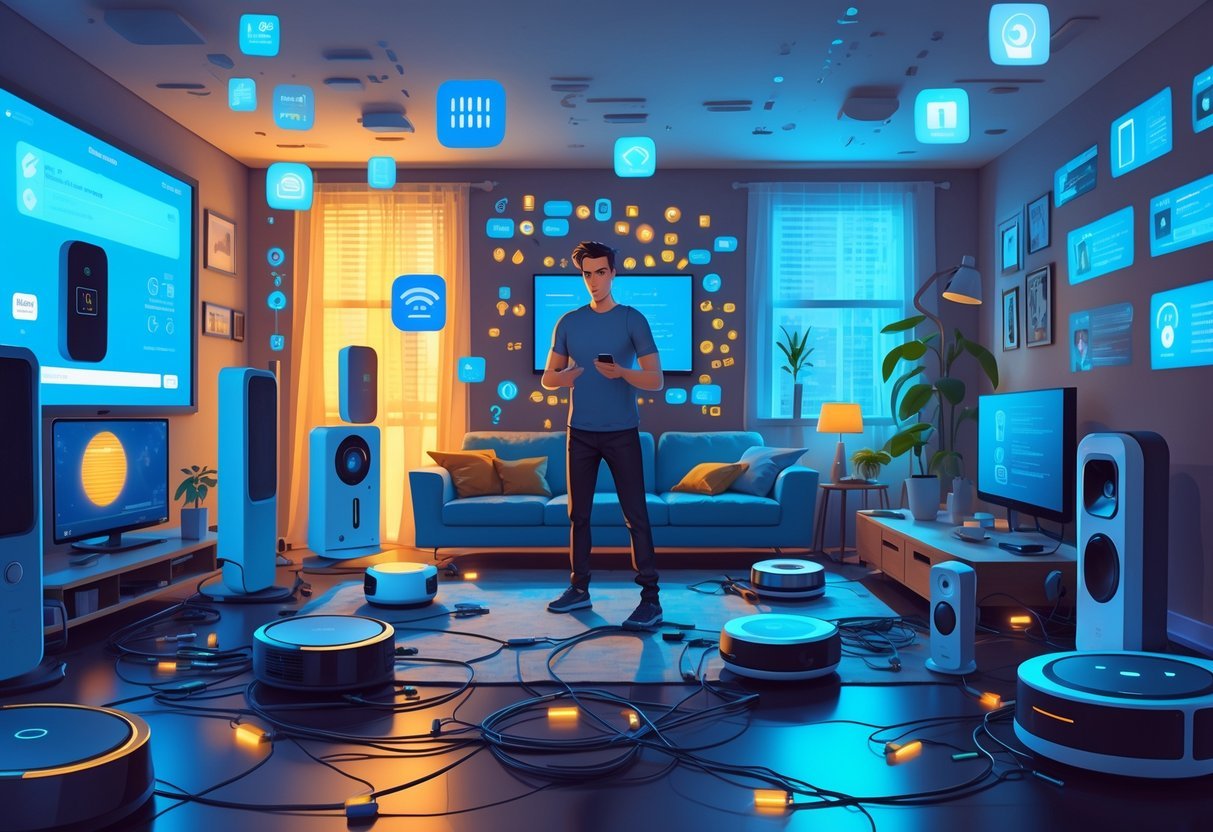A frustrated person stands in a living room cluttered with many smart home devices operating simultaneously, creating a chaotic and overwhelming atmosphere.