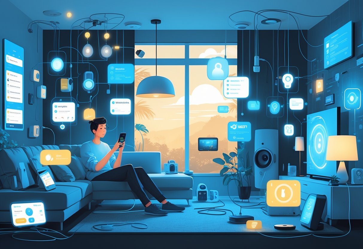 A person sitting on a couch in a living room filled with many smart home devices, looking overwhelmed while holding a smartphone with multiple notifications.