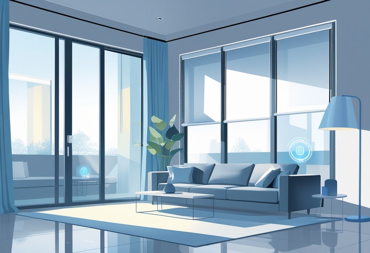 A modern living room with large windows featuring automated blinds partially closed, showing a comfortable and bright home environment with subtle digital controls near the windows.