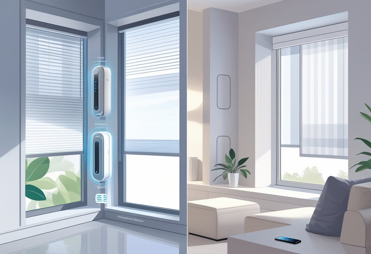 A side-by-side view of two windows in a modern living room, one with retrofit smart blinds being installed and the other with built-in smart blinds operating automatically.