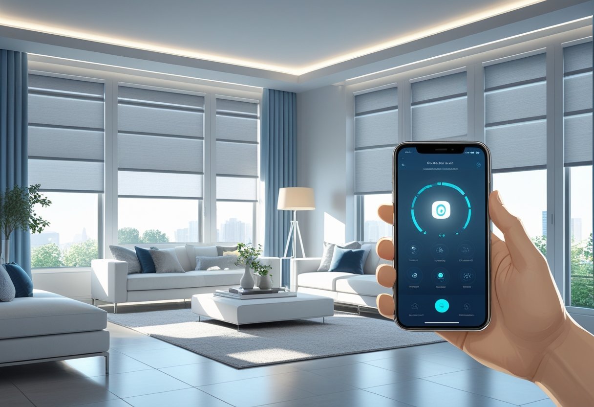 A modern living room with large windows featuring automated smart blinds and curtain controllers, showing a hand holding a smartphone controlling the window treatments.