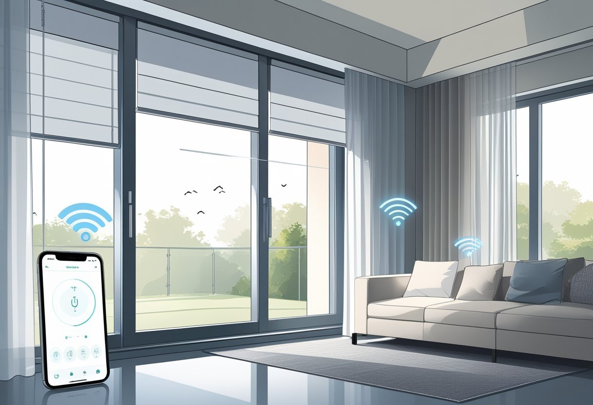 A modern living room with automated blinds on a large window and a smart device controlling the window shades.