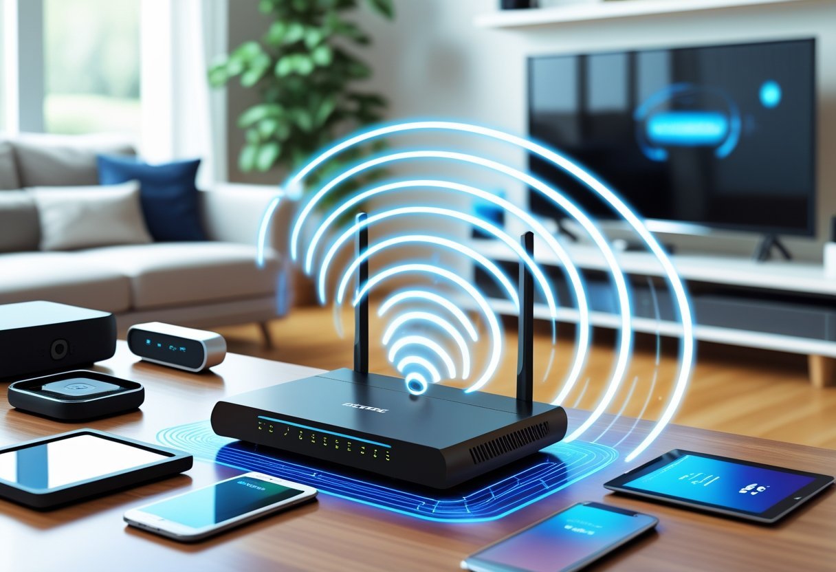A modern home with a Wi-Fi router sending wireless signals to various devices including a laptop, smartphone, smart TV, and gaming console.