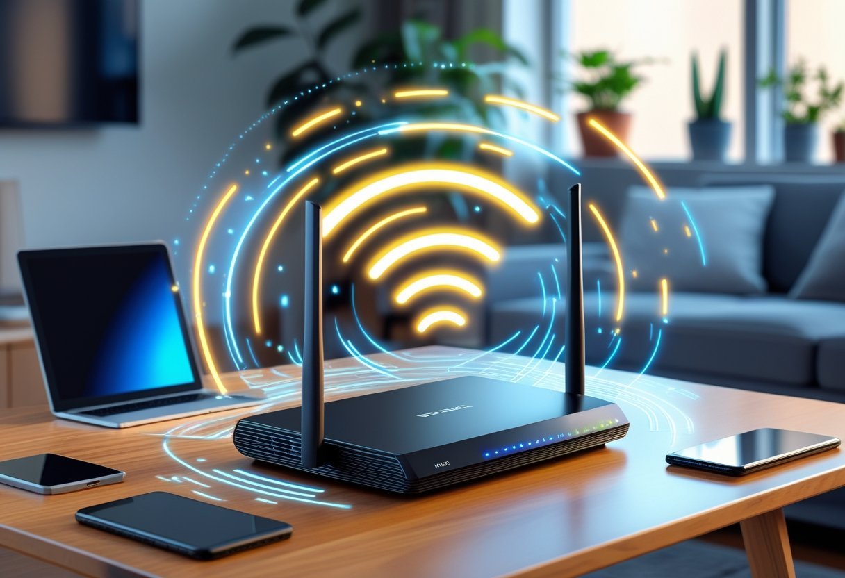 A modern home interior with a Wi-Fi 7 router on a desk emitting wireless signals connecting to multiple smart devices like a laptop, smartphone, tablet, and smart TV.