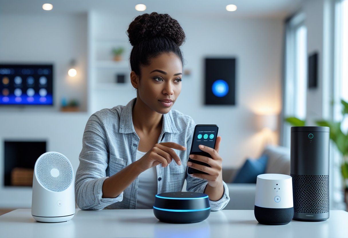 A young woman in a modern living room interacts with a voice assistant device and smartphone, surrounded by smart home gadgets.