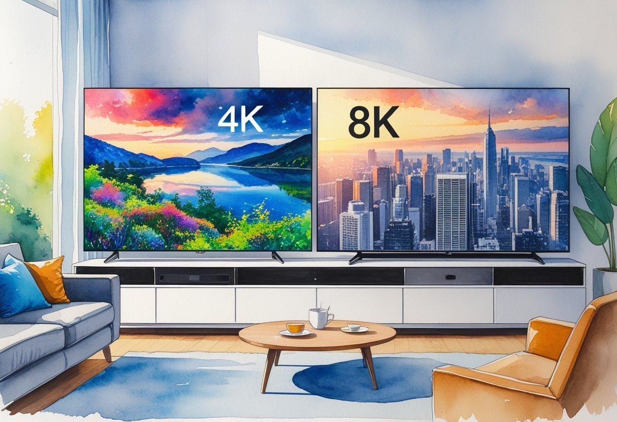 A modern living room with two large flat-screen TVs side by side, one showing a nature scene and the other a detailed cityscape at sunset, with a sofa and coffee table nearby.