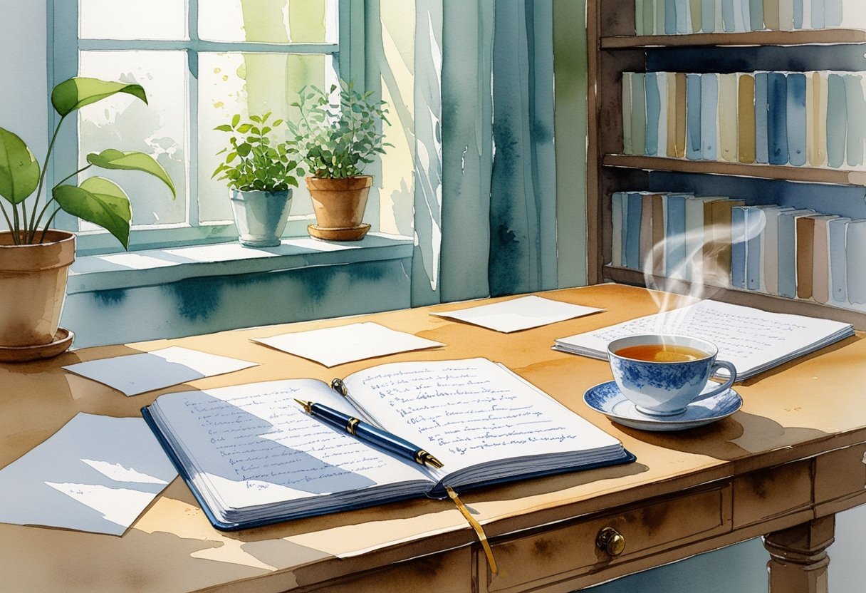 A cozy desk with papers, an open notebook, a fountain pen, and a cup of tea near a window with a bookshelf and plant in the background.